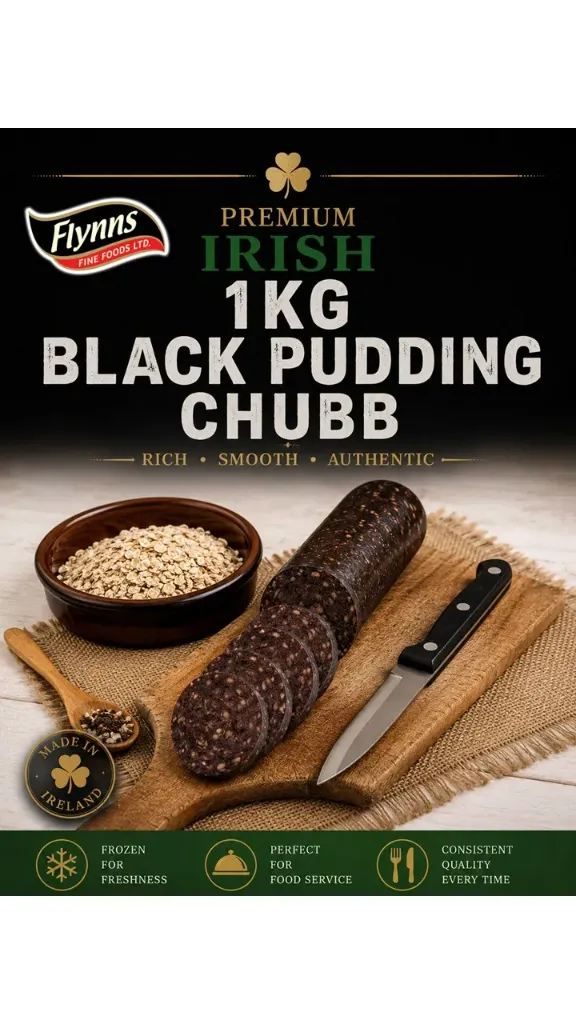 Flynns Irish 12 x 1kg Black Pudding Chubbs (Frozen)